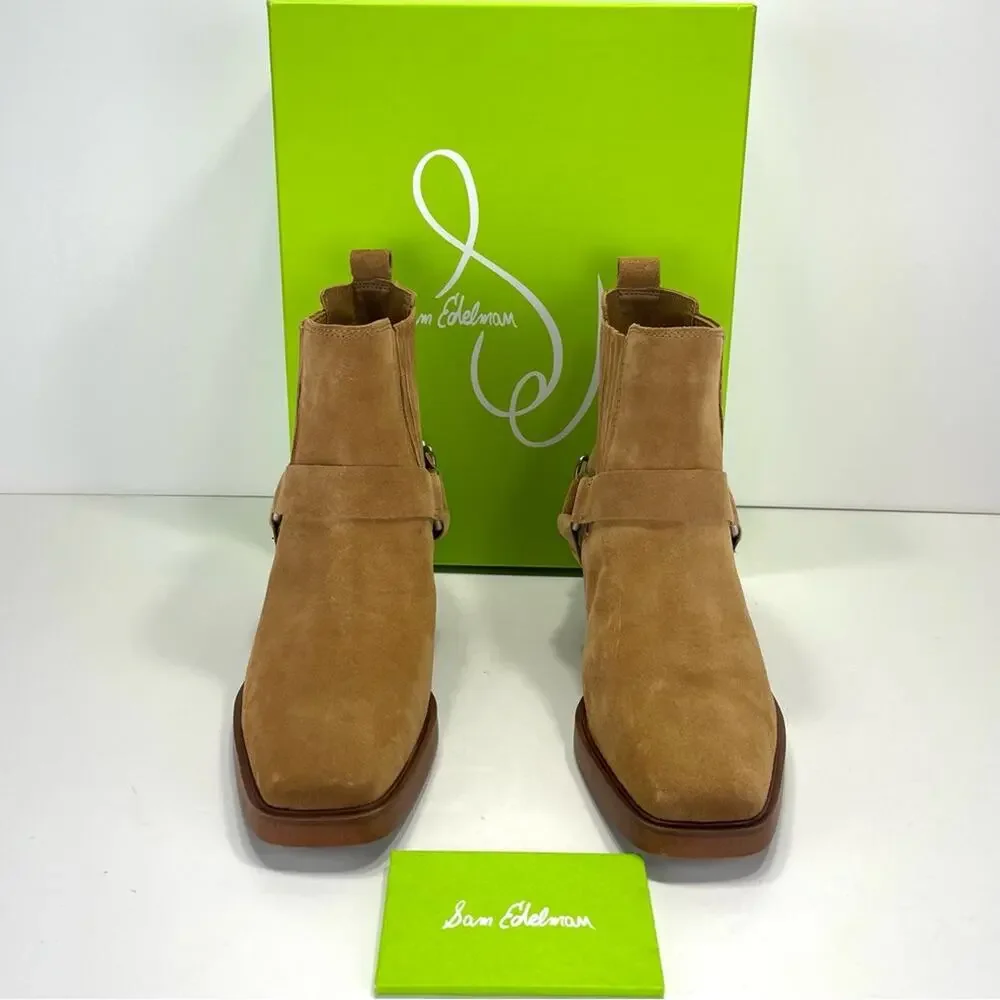 Sam Edelman Bellamie Women Camel/Tan Western Ankle Boot Sz 7.5 Suede Harness New
